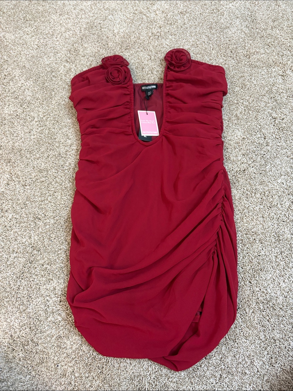 PrettyLittleThing Oxblood Chiffon Rose Trim Deep V bar Bandeau Bodycon Dress